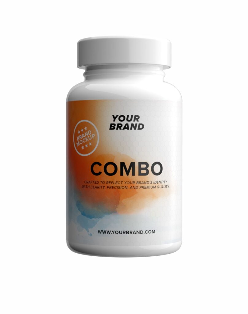 White supplement container with the text “Combo”.