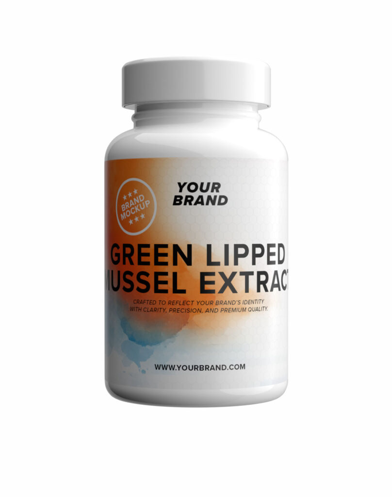 White supplement container with the text “Green-lipped Mussel Extract”.