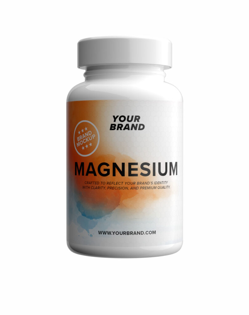 White supplement container with the text “magnesium”.