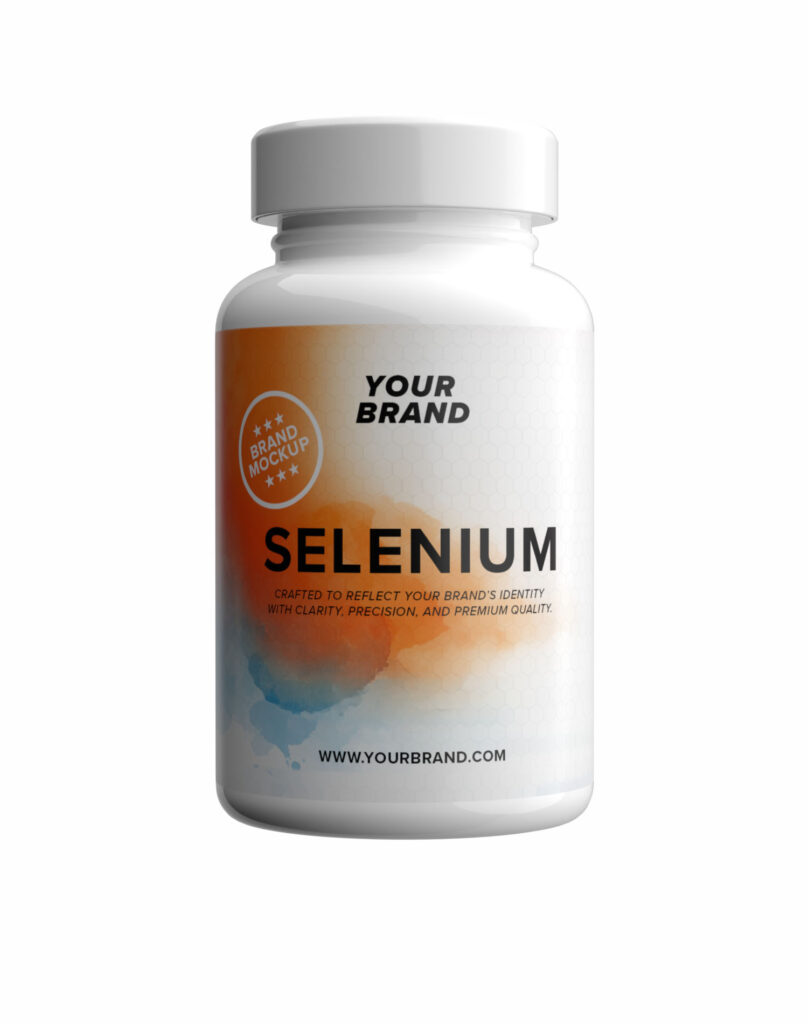 White supplement container with the text “Selenium”.