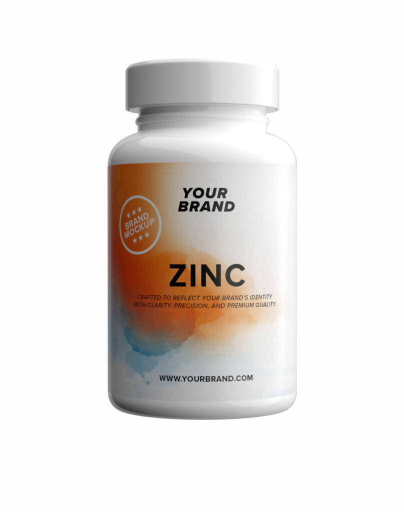 White supplement container with the text “Zinc”.
